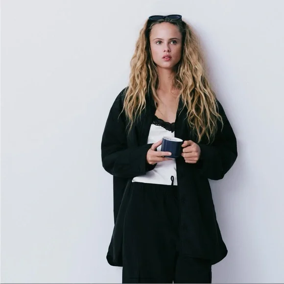 Zara Water Repellent Quilted Overshirt shirt Jacket Black button size S NWT - Picture 6 of 16